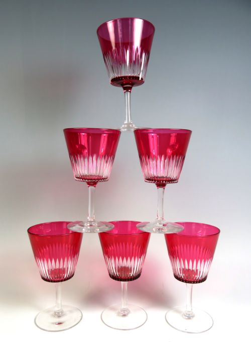 SET 6 ST LOUIS FLASHED CRANBERRY WINE GLASSES C1930 - ADDITIONAL PHOTO 3