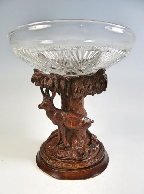 black forest carved wood cut glass tazza - CATEGORY: ANTIQUE GLASS - DATED 1890