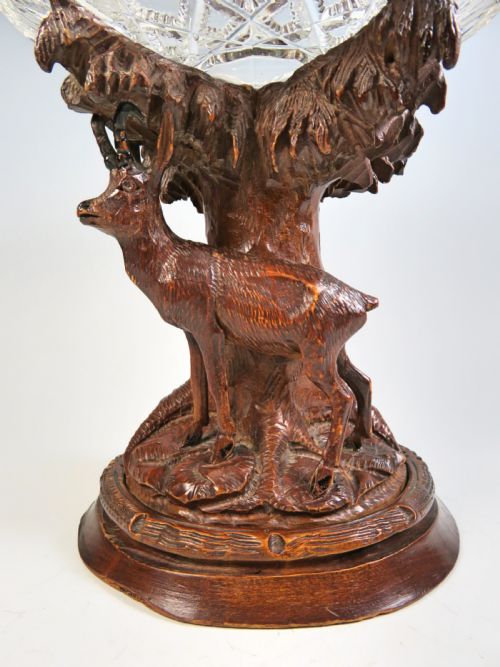 BLACK FOREST CARVED WOOD CUT GLASS TAZZA - ADDITIONAL PHOTO 1