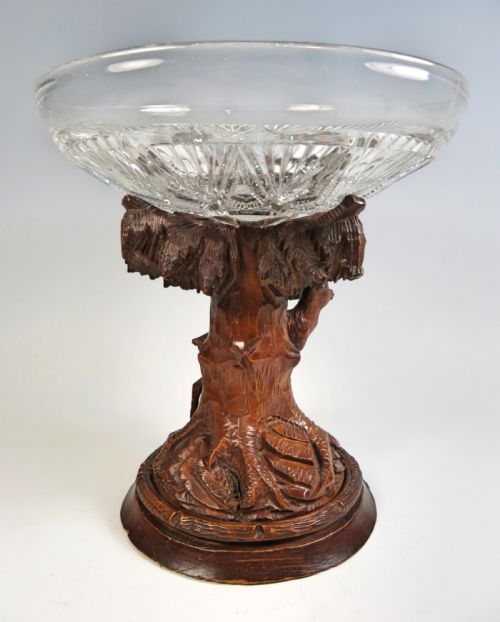 BLACK FOREST CARVED WOOD CUT GLASS TAZZA - ADDITIONAL PHOTO 2