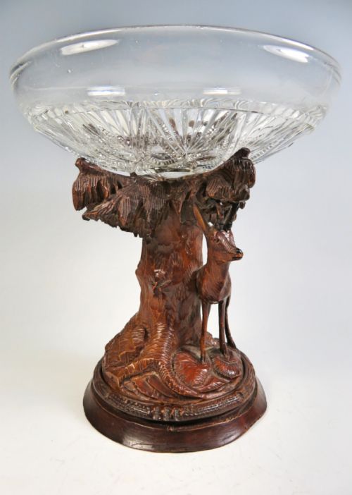BLACK FOREST CARVED WOOD CUT GLASS TAZZA - ADDITIONAL PHOTO 4