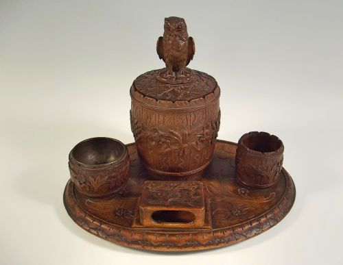 black forest carved wood owl smokers stand - CATEGORY: ANTIQUE MISCELLANEOUS - DATED 1890