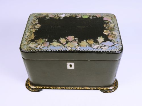 victorian mother of pearl papier mache tea caddy - CATEGORY: ANTIQUE BOXES - DATED 1880