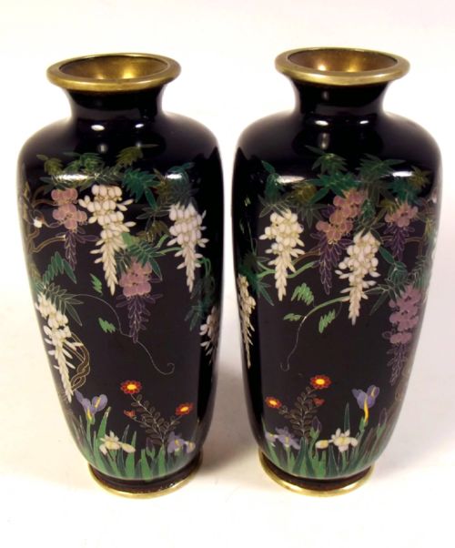 PAIR JAPANESE MEIJI PERIOD CLOISONNE ENAMEL VASES - ADDITIONAL PHOTO 1