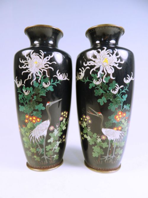 pair of japanese meiji period silver wire cloisonne enamel vases - CATEGORY: ANTIQUE METAL - DATED 1890
