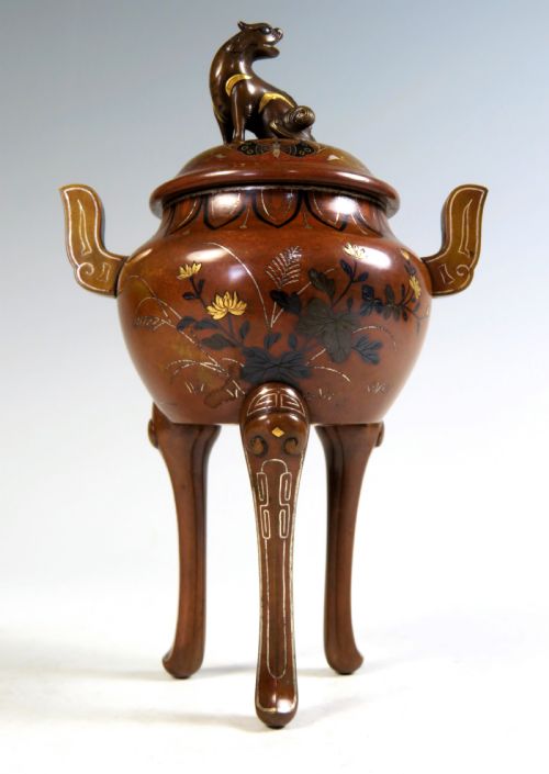 JAPANESE MEIJI PERIOD BRONZE MIXED METAL KORO BY NOGAWA - ADDITIONAL PHOTO 1