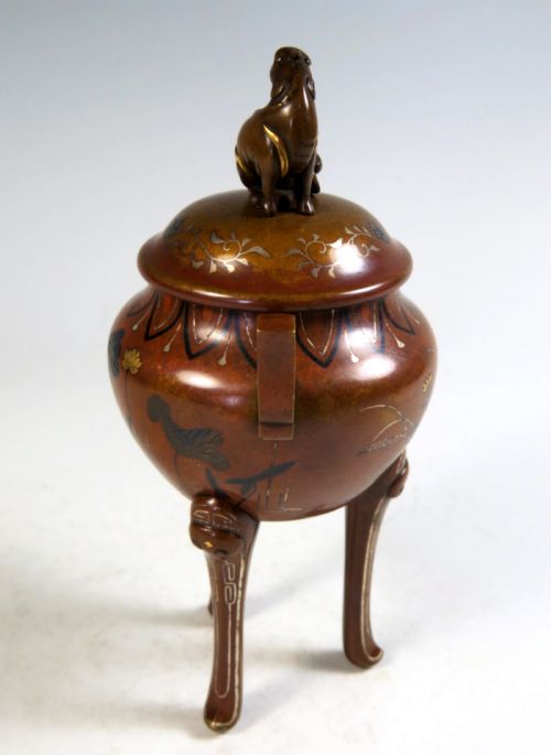 JAPANESE MEIJI PERIOD BRONZE MIXED METAL KORO BY NOGAWA - ADDITIONAL PHOTO 3