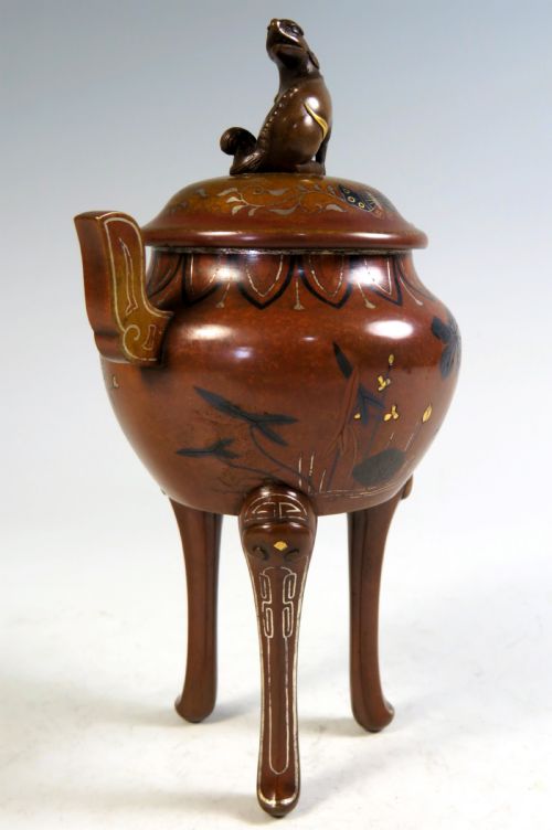 JAPANESE MEIJI PERIOD BRONZE MIXED METAL KORO BY NOGAWA - ADDITIONAL PHOTO 5