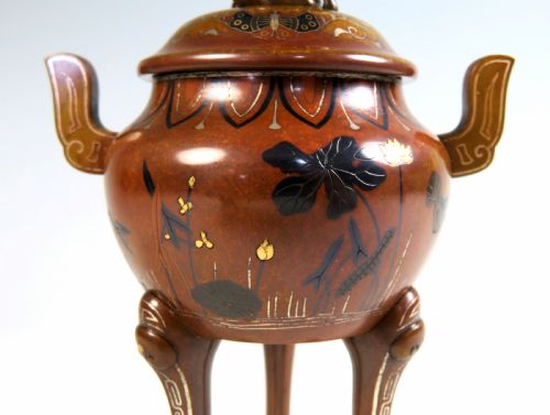 JAPANESE MEIJI PERIOD BRONZE MIXED METAL KORO BY NOGAWA - ADDITIONAL PHOTO 6