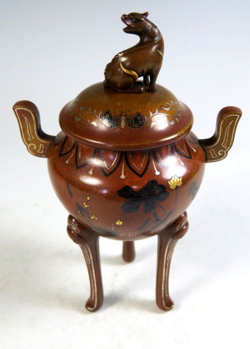 JAPANESE MEIJI PERIOD BRONZE MIXED METAL KORO BY NOGAWA - ADDITIONAL PHOTO 7