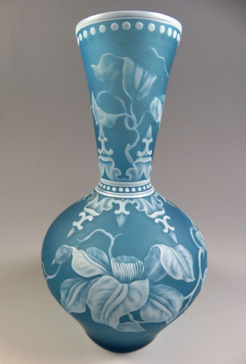 thomas webb blue cameo glass vase passion flower - CATEGORY: ANTIQUE GLASS - DATED 1880
