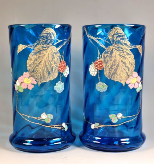 pair of legras mont joye blue glass optically ribbed enamel vases - CATEGORY: ANTIQUE GLASS - DATED 1900