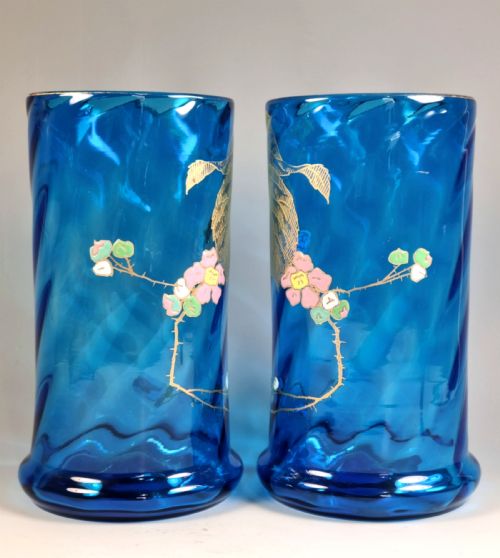 PAIR OF LEGRAS MONT JOYE BLUE GLASS OPTICALLY RIBBED ENAMEL VASES - ADDITIONAL PHOTO 1
