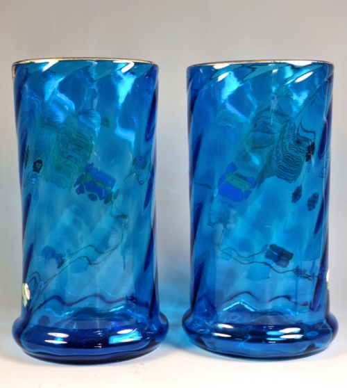 PAIR OF LEGRAS MONT JOYE BLUE GLASS OPTICALLY RIBBED ENAMEL VASES - ADDITIONAL PHOTO 2