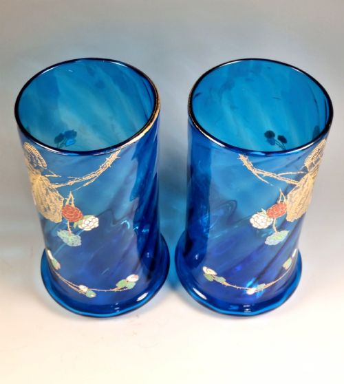 PAIR OF LEGRAS MONT JOYE BLUE GLASS OPTICALLY RIBBED ENAMEL VASES - ADDITIONAL PHOTO 3