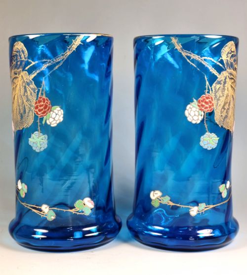 PAIR OF LEGRAS MONT JOYE BLUE GLASS OPTICALLY RIBBED ENAMEL VASES - ADDITIONAL PHOTO 4