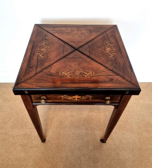 victorian inlaid rosewood envelope card table - CATEGORY: ANTIQUE TABLES - DATED 1890