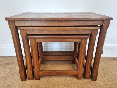 nest of 3 oak tables robert thompson mouseman - CATEGORY: ANTIQUE TABLES - DATED 1930