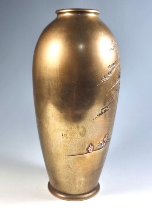 LARGE JAPANESE MEIJI PERIOD ONLAID BRONZE VASE BY CHIKUSEN - ADDITIONAL PHOTO 5