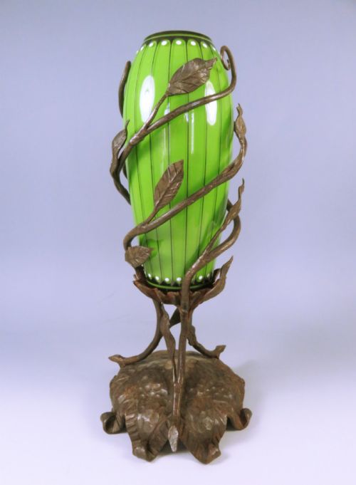 bohemian art nouveau green glass vase in iron mount - CATEGORY: ANTIQUE GLASS - DATED 1910