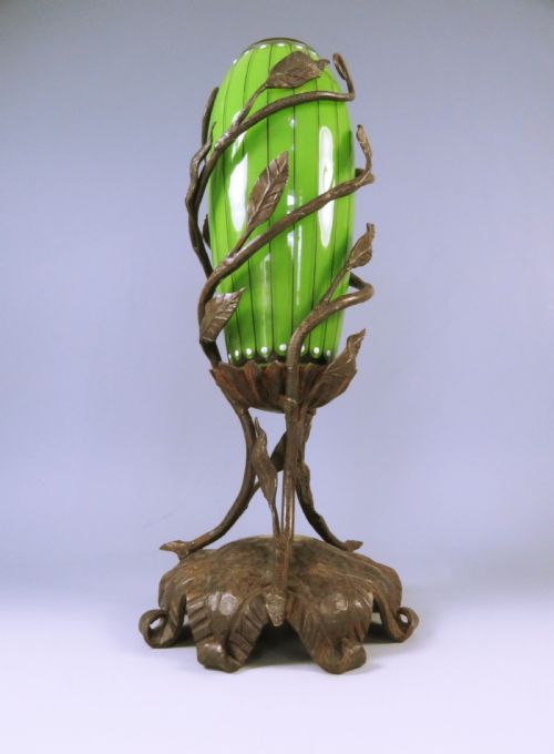 BOHEMIAN ART NOUVEAU GREEN GLASS VASE IN IRON MOUNT - ADDITIONAL PHOTO 2