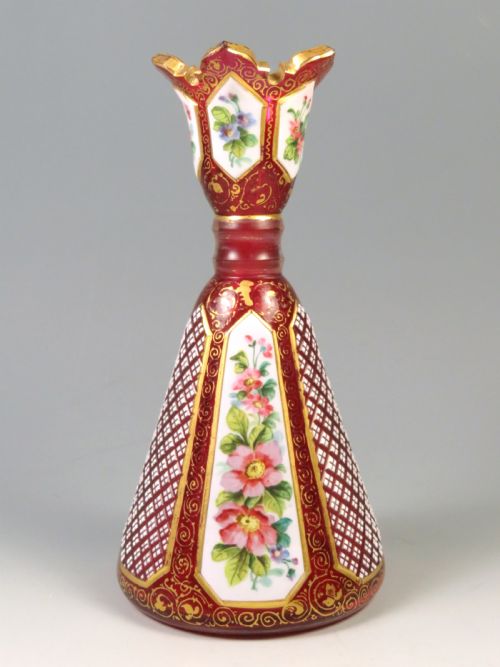 victorian bohemian cased cranberry glass floral vase - CATEGORY: ANTIQUE GLASS - DATED 1850