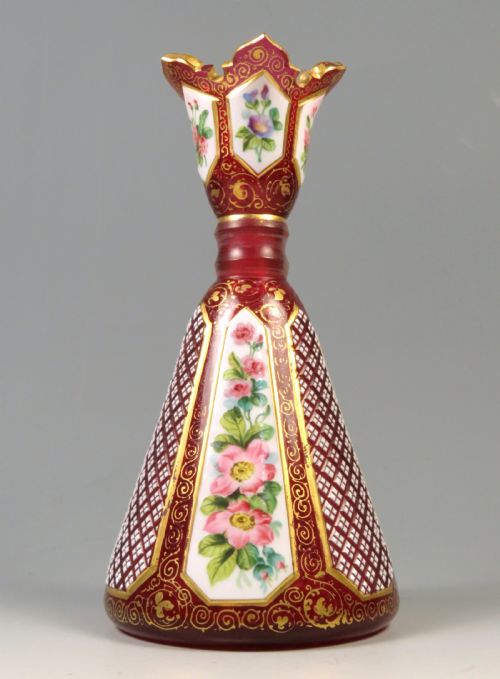 VICTORIAN BOHEMIAN CASED CRANBERRY GLASS FLORAL VASE - ADDITIONAL PHOTO 2