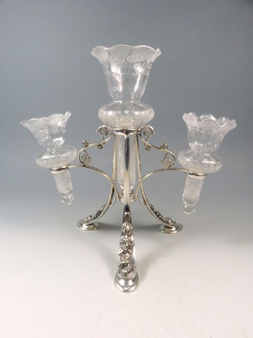 LATE VICTORIAN SILVER PLATE CUT GLASS EPERGNE WALKER HALL - ADDITIONAL PHOTO 1
