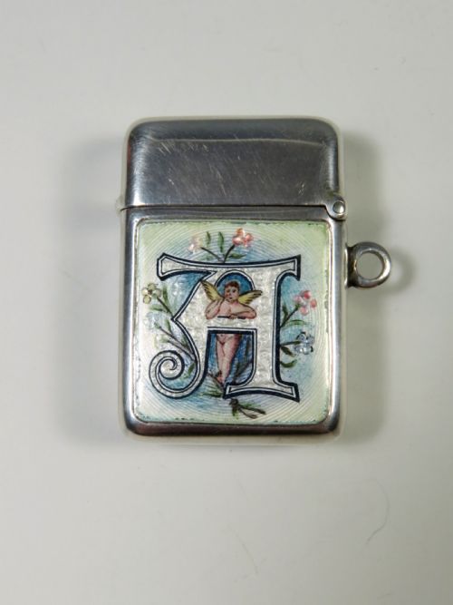 antique novelty hallmarked silver enamel stamp case vesta - CATEGORY: ANTIQUE SILVER - DATED 1920