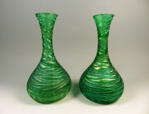 pair of loetz art nouveau iridescent green glass crete chine vases - CATEGORY: ANTIQUE GLASS - DATED 1900