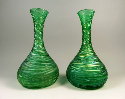 PAIR OF LOETZ ART NOUVEAU IRIDESCENT GREEN GLASS CRETE CHINE VASES - ADDITIONAL PHOTO 1