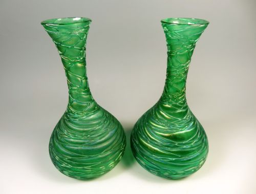 PAIR OF LOETZ ART NOUVEAU IRIDESCENT GREEN GLASS CRETE CHINE VASES - ADDITIONAL PHOTO 2