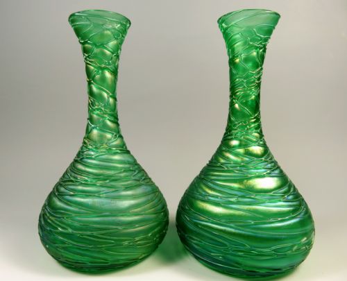 PAIR OF LOETZ ART NOUVEAU IRIDESCENT GREEN GLASS CRETE CHINE VASES - ADDITIONAL PHOTO 3