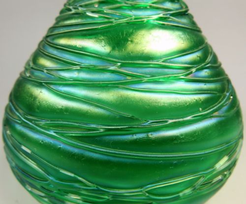 PAIR OF LOETZ ART NOUVEAU IRIDESCENT GREEN GLASS CRETE CHINE VASES - ADDITIONAL PHOTO 4