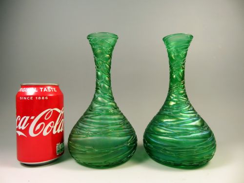 PAIR OF LOETZ ART NOUVEAU IRIDESCENT GREEN GLASS CRETE CHINE VASES - ADDITIONAL PHOTO 6