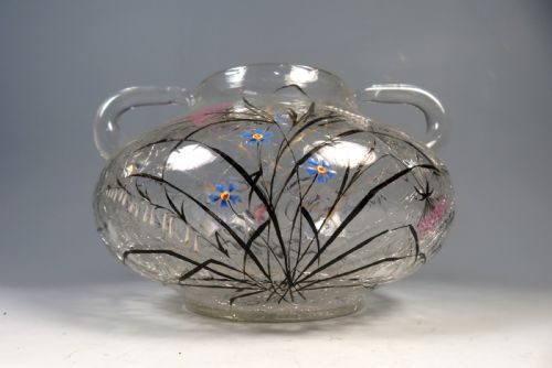 BOHEMIAN FRITZ HECKERT CRACKLE GLASS VASE WITH ENAMEL DECORATION - ADDITIONAL PHOTO 1
