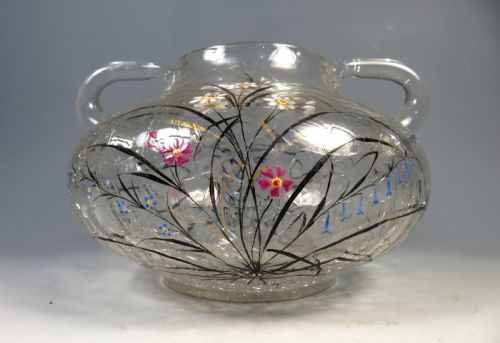 BOHEMIAN FRITZ HECKERT CRACKLE GLASS VASE WITH ENAMEL DECORATION - ADDITIONAL PHOTO 4