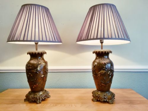 pair of japanese meiji period bronze mixed metal lamp vases - CATEGORY: ANTIQUE LIGHTING - DATED 1890