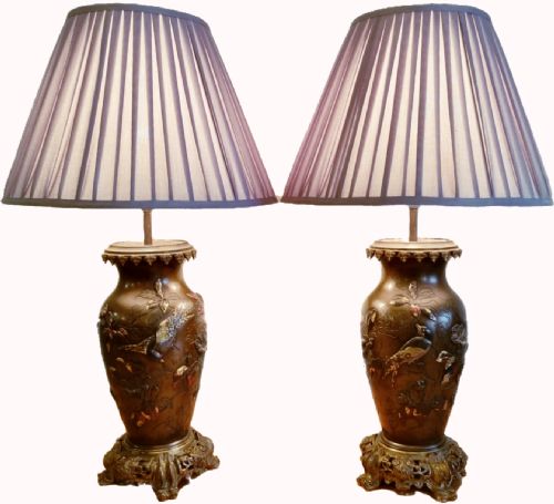 PAIR OF JAPANESE MEIJI PERIOD BRONZE MIXED METAL LAMP VASES - ADDITIONAL PHOTO 1