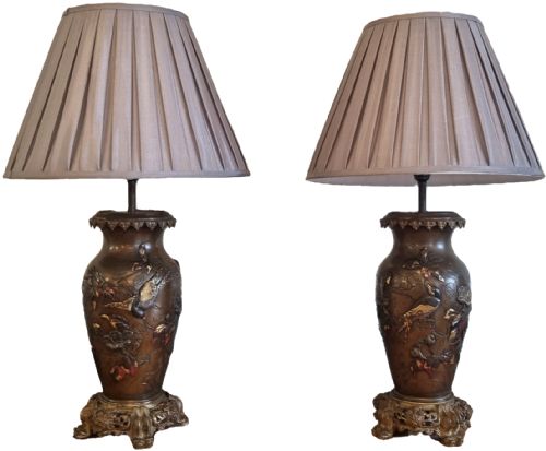 PAIR OF JAPANESE MEIJI PERIOD BRONZE MIXED METAL LAMP VASES - ADDITIONAL PHOTO 2