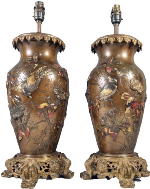 PAIR OF JAPANESE MEIJI PERIOD BRONZE MIXED METAL LAMP VASES - ADDITIONAL PHOTO 3