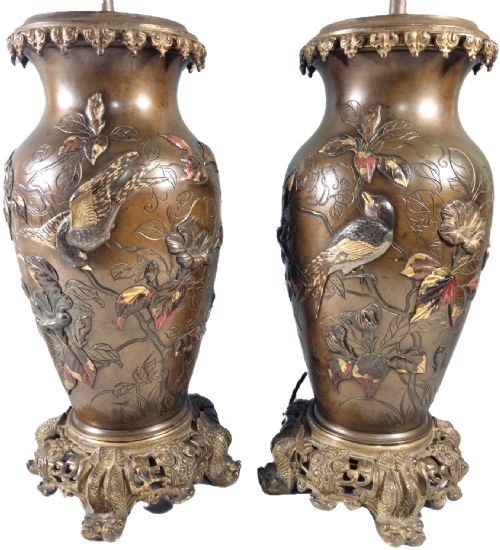 PAIR OF JAPANESE MEIJI PERIOD BRONZE MIXED METAL LAMP VASES - ADDITIONAL PHOTO 4