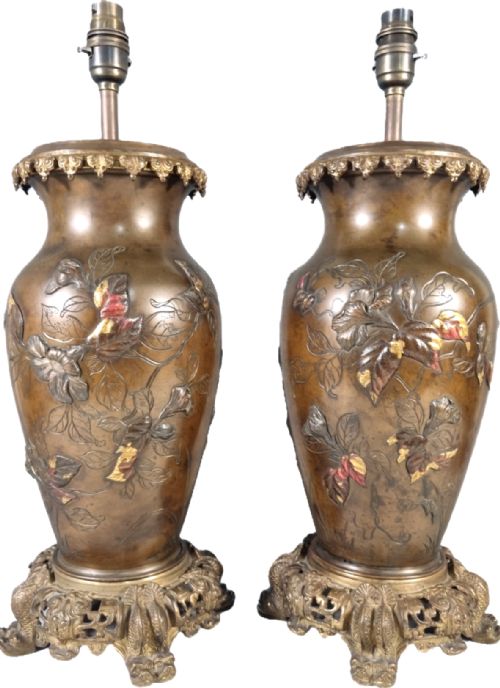 PAIR OF JAPANESE MEIJI PERIOD BRONZE MIXED METAL LAMP VASES - ADDITIONAL PHOTO 5