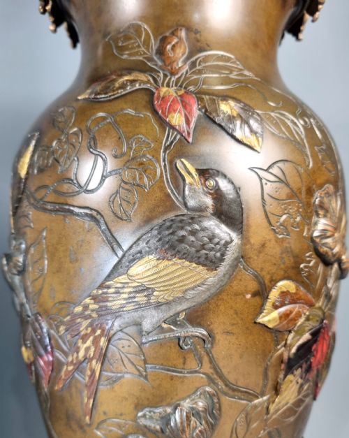 PAIR OF JAPANESE MEIJI PERIOD BRONZE MIXED METAL LAMP VASES - ADDITIONAL PHOTO 13