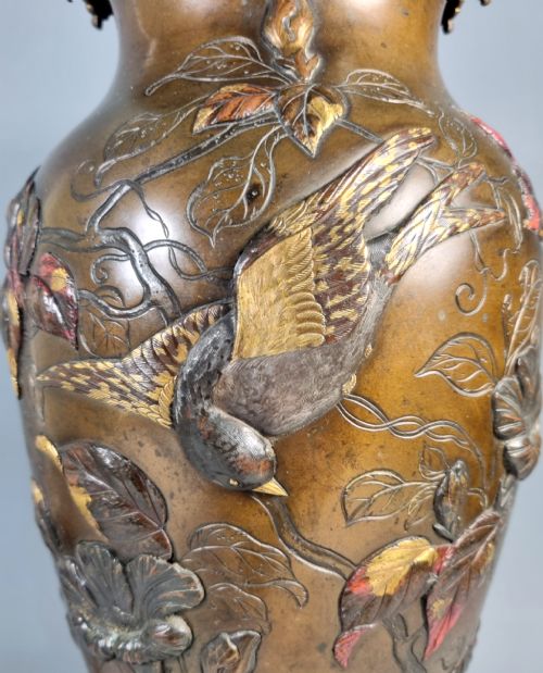 PAIR OF JAPANESE MEIJI PERIOD BRONZE MIXED METAL LAMP VASES - ADDITIONAL PHOTO 14