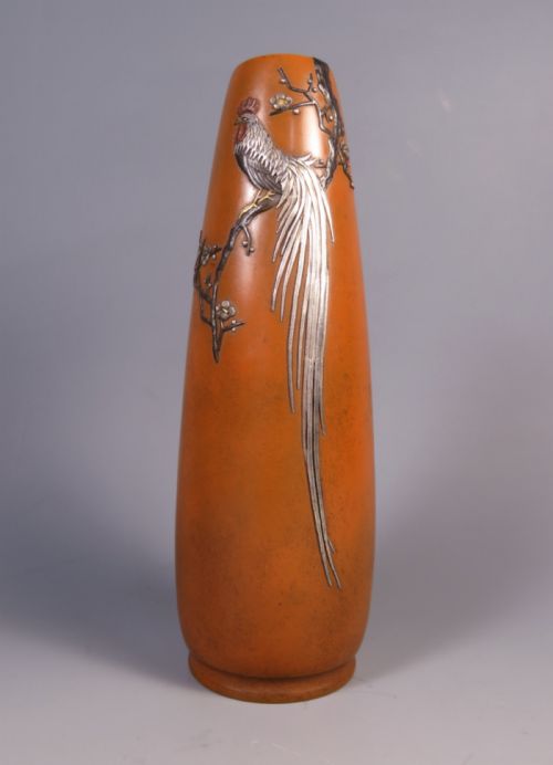 antique japanese mixed metal bronze cockerel vase nogawa - CATEGORY: ANTIQUE METAL - DATED 1890