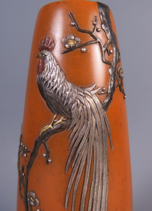 ANTIQUE JAPANESE MIXED METAL BRONZE COCKEREL VASE NOGAWA - ADDITIONAL PHOTO 6