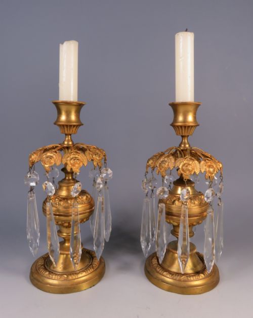 ANTIQUE PAIR OF REGENCY GILT BRONZE CANDLESTICK LUSTRES - ADDITIONAL PHOTO 4