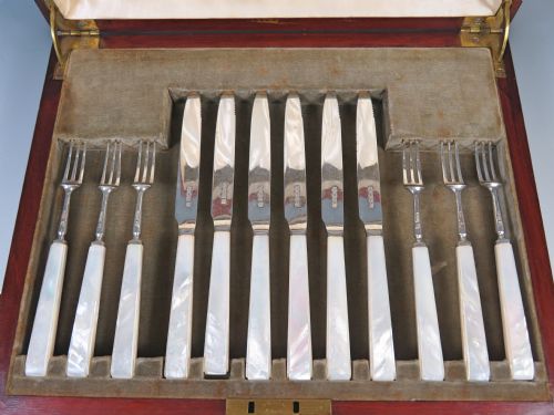 antique art deco silver mother of pearl dessert set - CATEGORY: ANTIQUE SILVER - DATED 1920