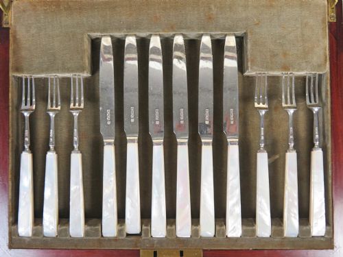 ANTIQUE ART DECO SILVER MOTHER OF PEARL DESSERT SET - ADDITIONAL PHOTO 5